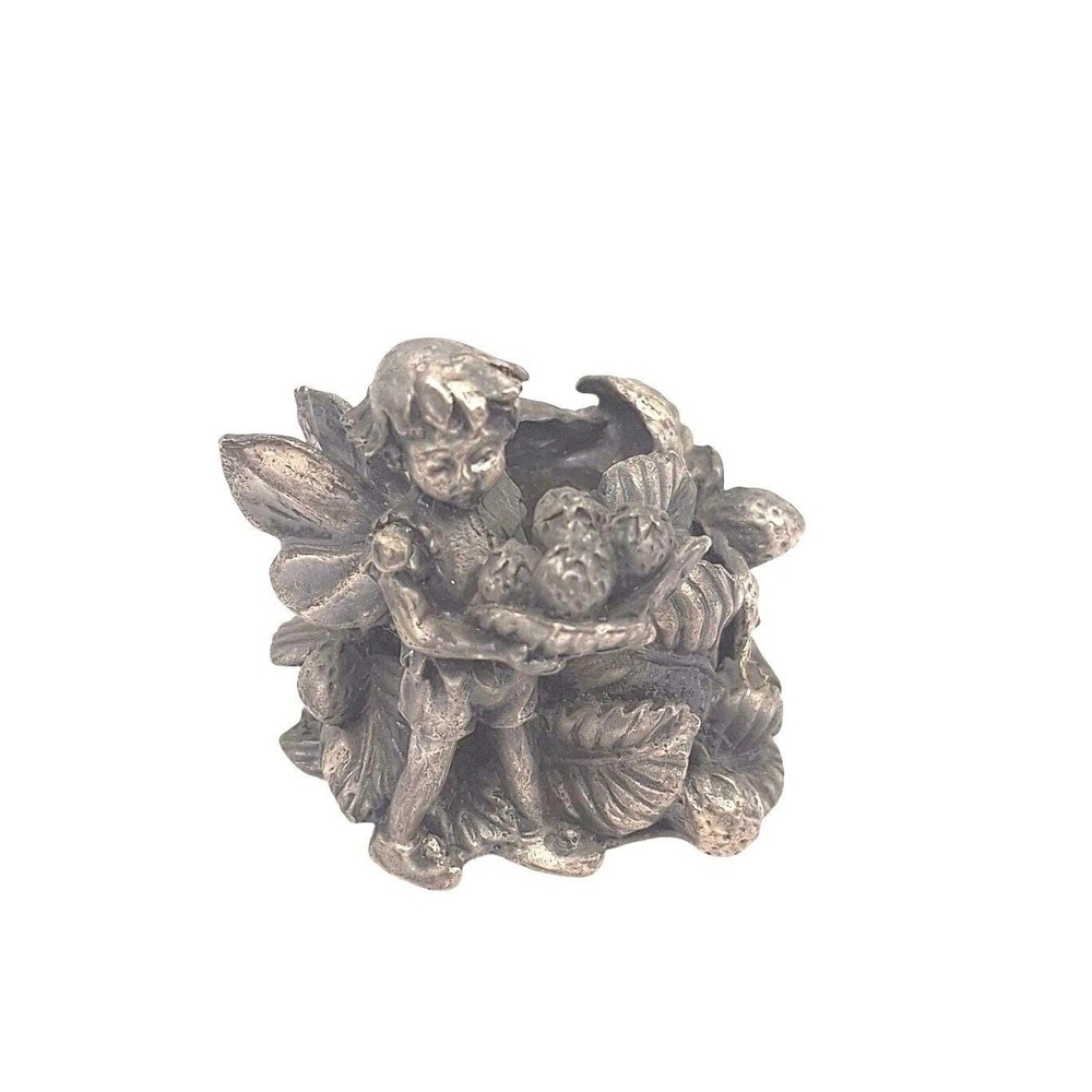 Vintage Pewter‎ Fairy Strawberry Garden Miniature Figurine Candle Holder Taiwan